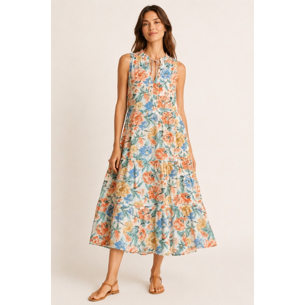 LOFT Women Floral Tiered Midi Dress XS Orange Blue Sleeveless Boho Summer Breezy